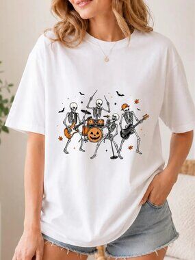 Skeleton Rock Band Halloween Shirt, Vintage Pumpkin Drum Skeleton Musician Tee
